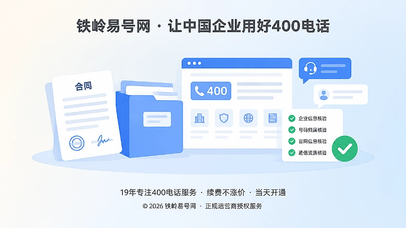 合同、官网页面与客服气泡组成的通信资产管理抽象场景插画